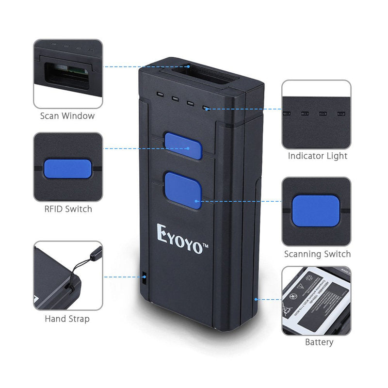 [Australia - AusPower] - Eyoyo Mini 1D Wireless Barcode Scanner Bluetooth,3-in-1 Bluetooth&2.4G Wireless&Wired Connection, Portable Inventory Bar Code Reader Compatible with iPhone, Android, Windows, Mac Tablets or Computers 