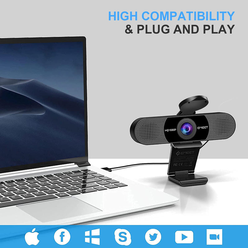 [Australia - AusPower] - 1080P Webcam with Microphone, eMeet C960 Web Camera, 2 Mics Streaming Webcam with Privacy Cover, 90°View Computer Camera, Plug&Play USB Webcam for Calls/Conference, Zoom/Skype/YouTube, Laptop/Desktop 