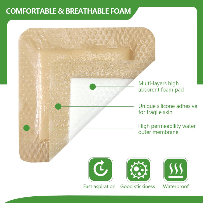[Australia - AusPower] - Silicone Adhesive Foam Dressing with Gentle Border 4''x4'' 10 Pack, High Absorbency Foam Wound Bandage for Bed Sore, Leg Ulcer, Diabetic Ulcer 4'' x 4'' - 10 Pack 