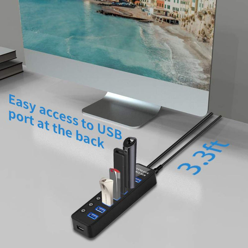 [Australia - AusPower] - USB Hub 3.0 Powered, LYFNLOVE USB Extender 7-Port Data USB Hub with Power Adapter and 1 Smart Charging Port, USB Splitter with On/Off Switches for MacBook, Mac Pro/Mini, iMac, Surface Pro Laptop/PC 