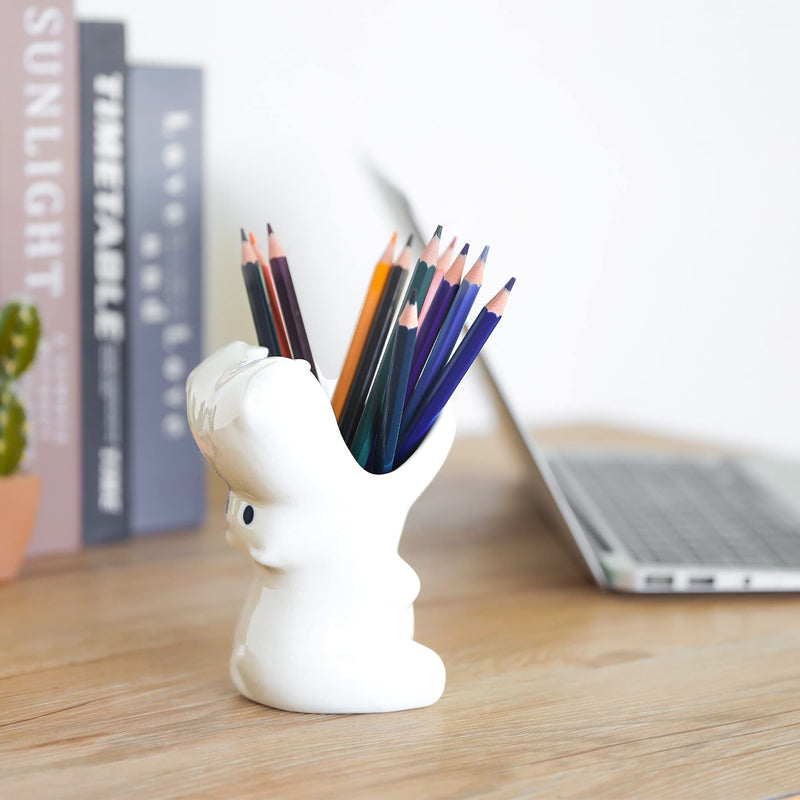 [Australia - AusPower] - ComSaf Cute Hippo Shaped Pen Pencil Holder, White Ceramic Succulent Planter Pots for Home Office Decoration Desk Organization, Set of 1 