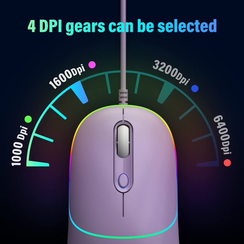 [Australia - AusPower] - Wired Mouse, USB Computer Mouse Backlit Ultra Silent Wired Mouse with 6400 DPI, Ergonomic LED Corded Mouse for PC, Laptop, Desktop, MacBook, Windows (Purple) Purple 
