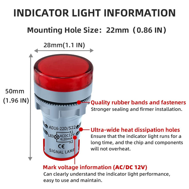 [Australia - AusPower] - Arleta 10pcs Energy Saving LED Indicator Light Voltage 12V/24V/110V Current 20mA Mounting Hole Size 22mm(7/8 Inch) Green Yellow Red Blue White (12V) 