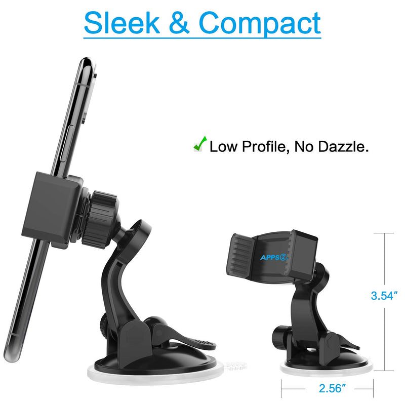 [Australia - AusPower] - APPS2Car Suction Cup Phone Holder for Car with Adjustable Arm, Low Profile Dashboard Phone Mount Compact Windshield Window Dash Mobile Stand Compatible w/ All iPhone and Android Cell Phones 