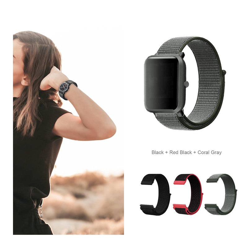 [Australia - AusPower] - 3pcs 22mm Nylon Strap Compatible with Huawei GT Samsung Galaxy Active/S2/S3 Replacement Loop Black Red Black Coral Gray/Reflective Black Olive Gray Watch Accessories Black,Red Black,Coral Gray 