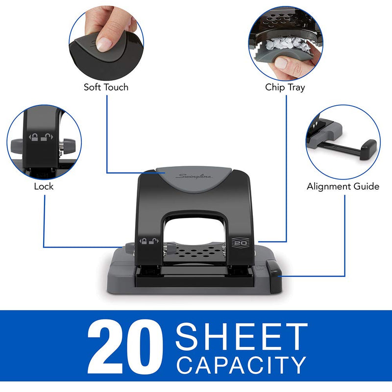 [Australia - AusPower] - Swingline 2 Hole Punch, Hole Puncher, SmartTouch, 20 Sheet Punch Capacity, Low Force, Black/Gray (74135) 