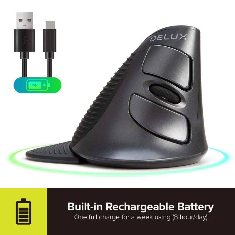 [Australia - AusPower] - DELUX Upgrade Rechargeable Ergonomic Vertical Mouse, 2.4G Optical Wireless Ergo Silent Mouse with USB Receiver, 6 Buttons, 3 Gear DPI and Removable Palm Rest Reduce Muscle Strain (M618G GX-Black) M618G GX 2.4G Wireless 1600DPI 