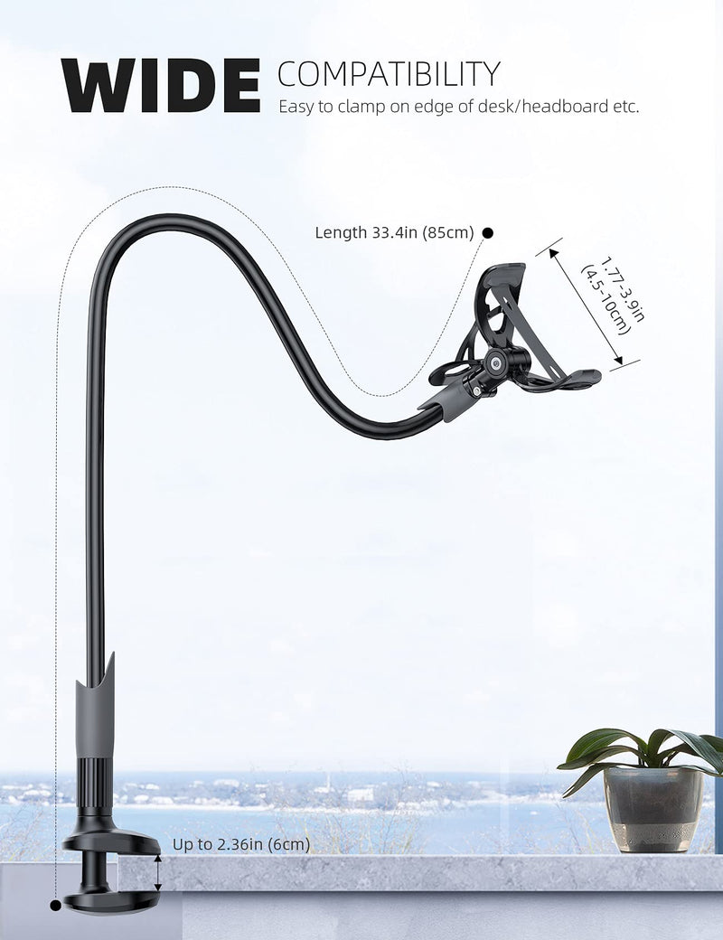 [Australia - AusPower] - Phone Holder Bed Gooseneck Mount - Lamicall Cell Phone Clamp Clip for Desk, Flexible Lazy Long Arm Headboard Bedside, Overhead Mount Stand, Compatible with Phone 12 Mini 11 Pro Xs Max XR X 8 7 6 Plus Black 
