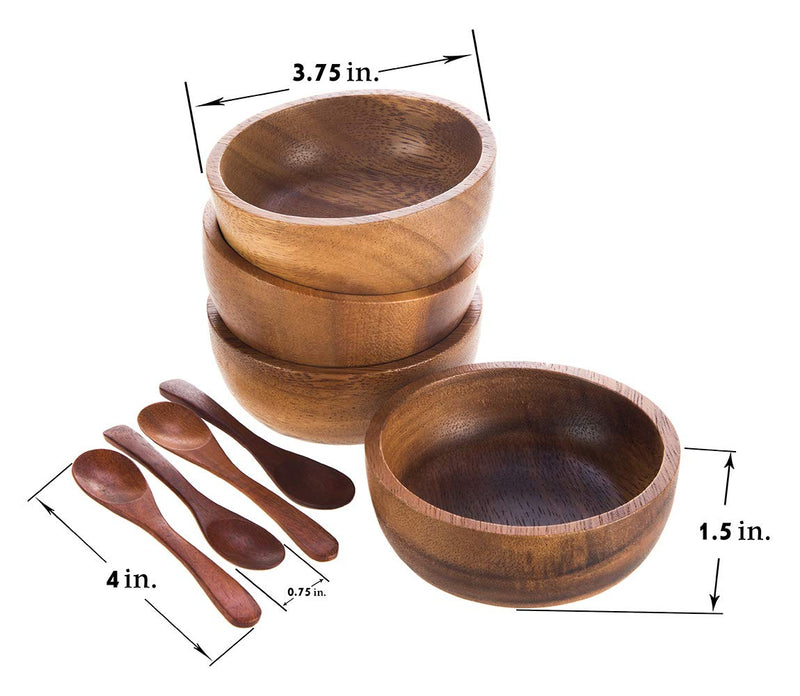[Australia - AusPower] - BestySuperStore 3.75" mini Acacia Wood Bowl in small size for Condiments, Dip Sauce, Nuts, Candy, Fruits, Appetizer, and Snacks, Dia 3.75"x 1.5 H - Set of 4 (FREE 4 Wood Spoons) 