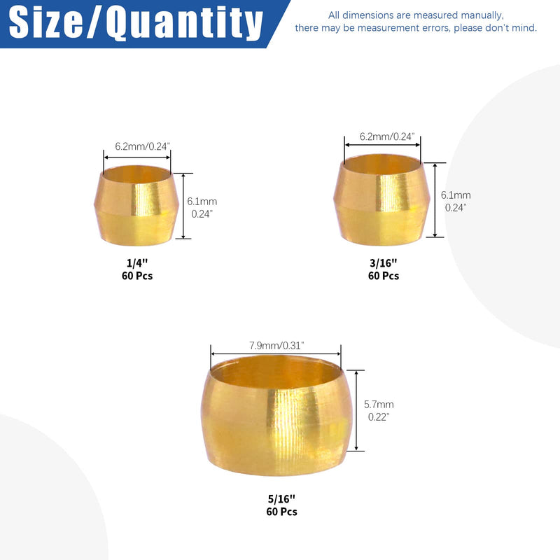 [Australia - AusPower] - Glarks 180Pcs Tube OD 3/16" 1/4" 5/16" Brass Compression Sleeves Ferrules, 3 Size Brass Compression Fitting Assortment Kit 