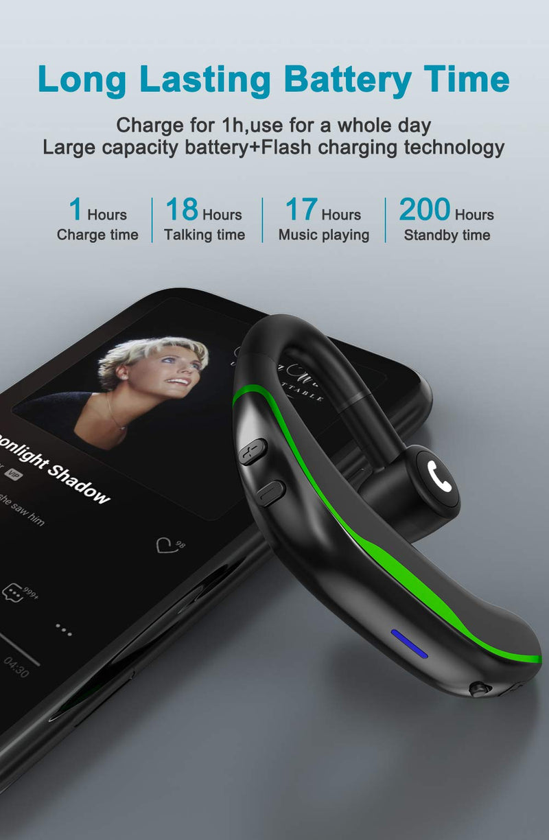 [Australia - AusPower] - Bluetooth Headset V5.0 Wireless Bluetooth Earpiece 18 Hrs Talktime 200 Hours Standby Time, Fit Your Both Ear, Handsfree Headset with Noise Cancelling Mic, Compatible with iPhone and Android (Green) Green 