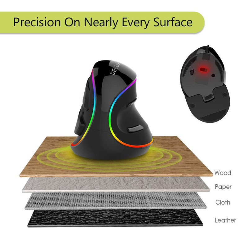 [Australia - AusPower] - DELUX Wired Ergonomic Vertical Mouse, Large RGB Ergonomic Computer Mouse with 6 Buttons, Removable Wrist Rest, 4000DPI and On-Board Software Reduce Hand Strain,for Carpal Tunnel(M618Plus RGB-Black) Wired with RGB 