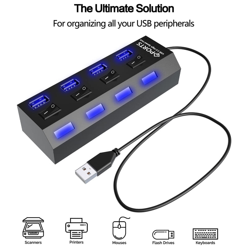 [Australia - AusPower] - MIUOLV 4-Port USB 3.0 Hub with LED Light Power Switches, USB Splitter for Laptop, PS4 Keyboard and Mouse Adapter for Dell, Asus, HP, MacBook Air, Surface Pro, Acer, Xbox (Black) Black 