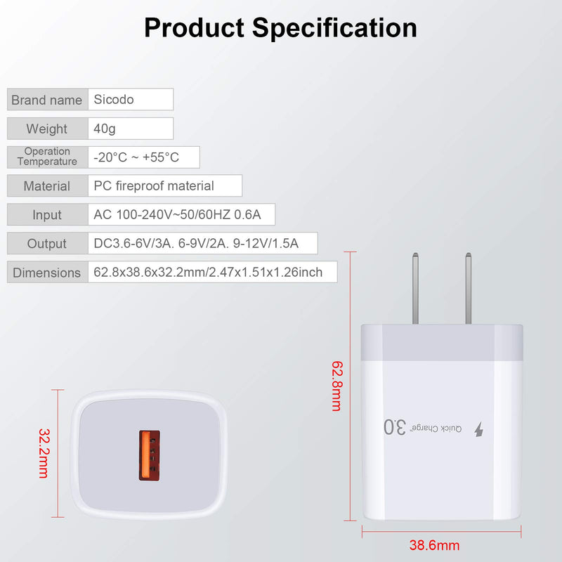 [Australia - AusPower] - Quick Charge 3.0 Wall Charger, 18W Power Delivery Chargers Fast Charging Block USB Plug Cube Box Compatible Samsung Galaxy Note 20 Ultra/10 Note 8/Note 9, A01 A10e, iPhone, iPad, Kindle, Airpods 