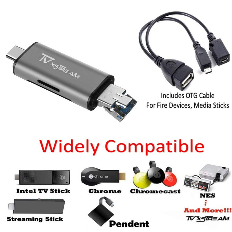 [Australia - AusPower] - SD Card Reader, Storage Expansion OR File Transfer KIT for FIRESTICKS, Media Devices, Gaming Systems, 3-in-1 USB 2.0 / USB C/Micro USB Card Reader - SD Card, Micro SD, Includes OTG Cable 