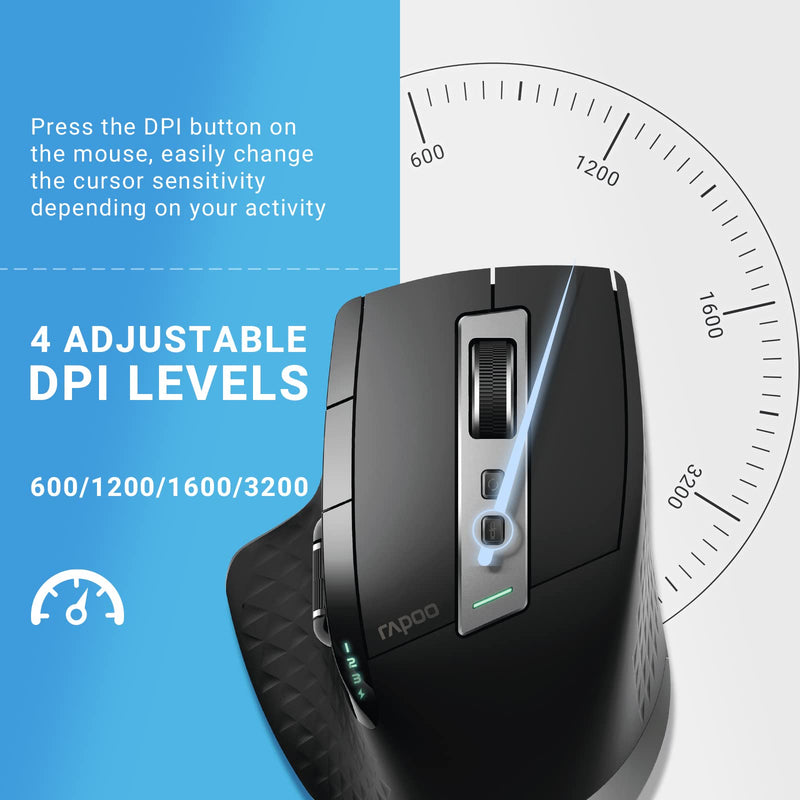 [Australia - AusPower] - Bluetooth Wireless Mouse, RAPOO 4 Adjustable DPI Rechargeable Bluetooth Mouse, Multi-Device (3 Bluetooth+USB) Programmable Ergonomic Mouse with Side Roller, Laser Mouse for Laptop Desktop PC, Black 