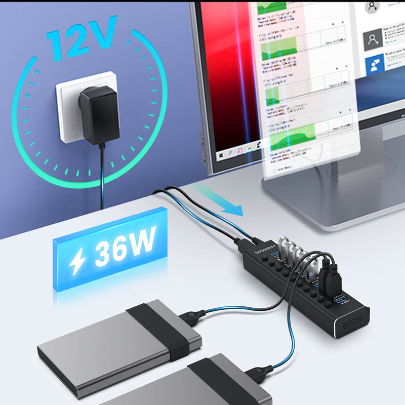 [Australia - AusPower] - Powered USB Hub, Rosonway Aluminum 10 Port USB 3.0 Data Hub with 36W (12V/3A) Power Adapter and Individual On/Off Switches USB Splitter(RSH-A10) 