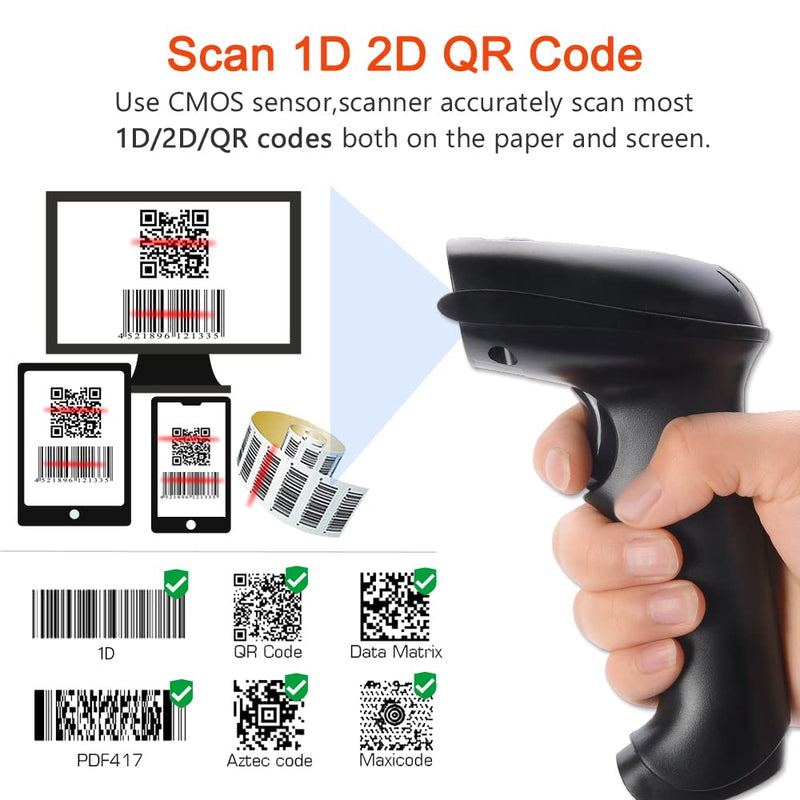 [Australia - AusPower] - 1D 2D QR Code Scanner Cordless Barcode Scanner Supports Screen Scan Portable USB Rechargeable Automatic Handheld CMOS Imager Wireless Barcode Reader with USB Receiver for Warehouse POS and Computer 