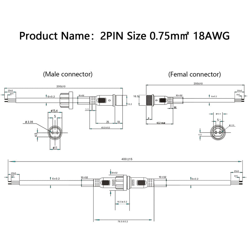 [Australia - AusPower] - CHCSHH 2 pin led Strip Connector 18AWG IP65 Male Female Connector 7.87in Extension Cable for Car,Truck,Boat,Indoor/Outdoor LED Waterproof Connectorï¼ˆ5 Pairsï¼‰. waterproof connectors 2pin 