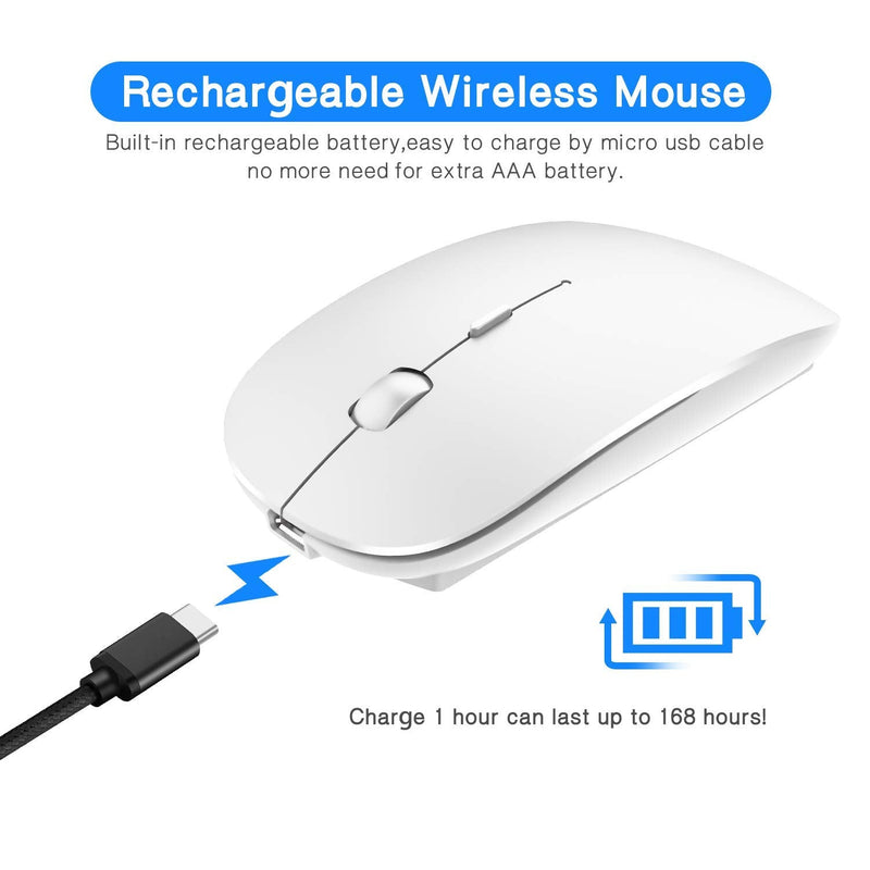 [Australia - AusPower] - 2.4GHz Wireless Bluetooth Mouse, Dual Mode Slim Rechargeable Wireless Mouse Silent USB Mice, 3 Adjustable DPI,Compatible for Laptop Windows Mac Android MAC PC Computer (White) 