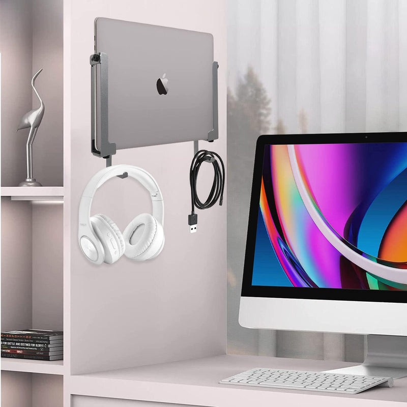 [Australia - AusPower] - IFCASE Aluminum Wall Laptop Mount Holder for MacBook Air, Pro, Surface, iPad, Tablets, Cell Phones with Headphone Hook, Anti-Scratch Pads, Adhesive & Screws (Silver) Silver 