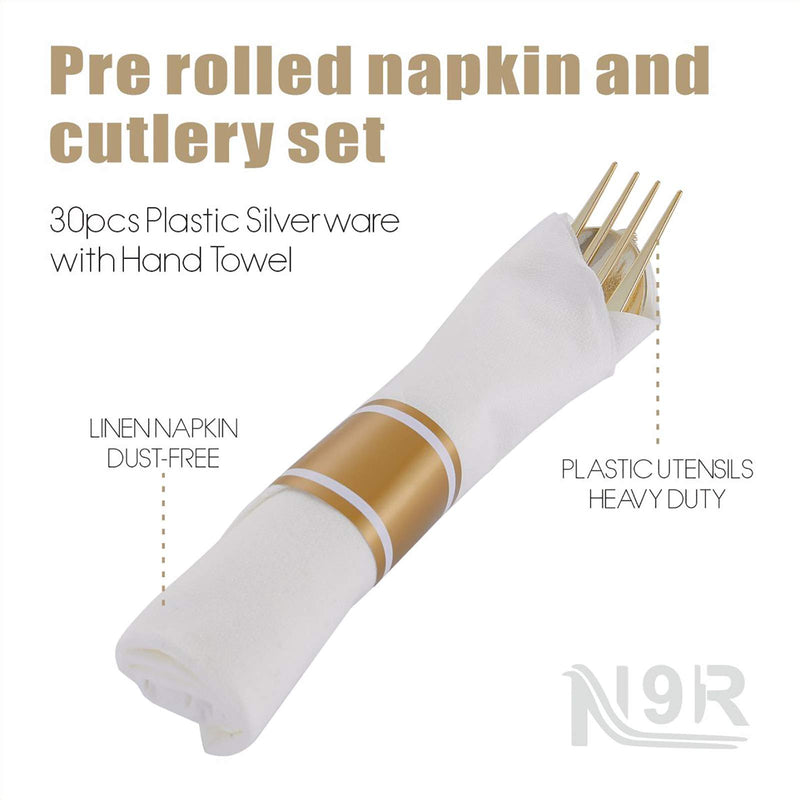 [Australia - AusPower] - N9R 30 Pack Pre Rolled Gold Plastic Cutlery Set, Wrapped Plastic Silverware Set with 30 Forks, 30 Knives, 30 Spoons and 30 Napkins, Disposable Cutlery Set for Party and Wedding 