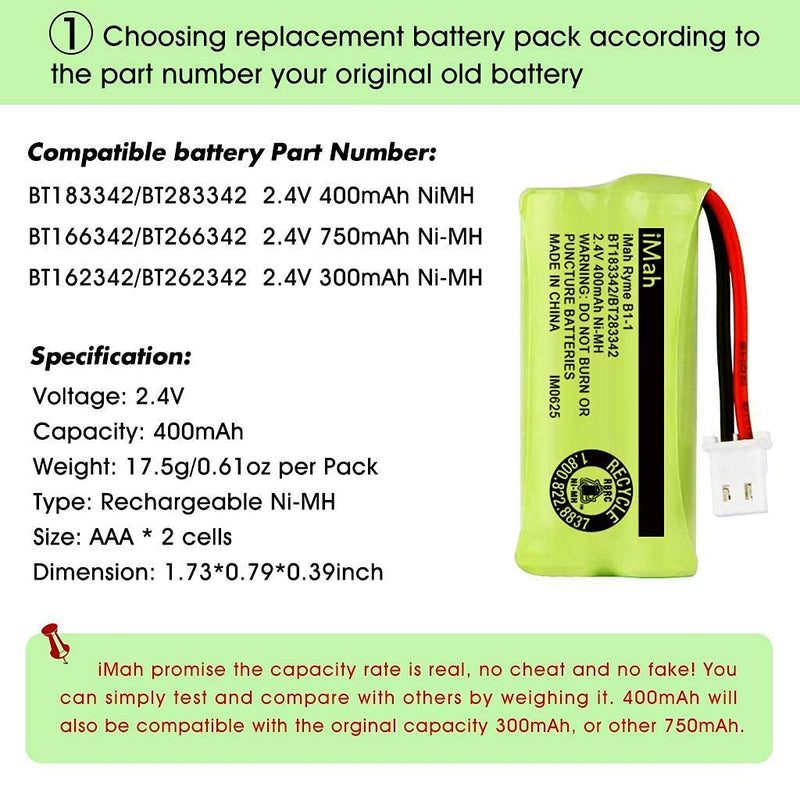 [Australia - AusPower] - iMah BT183342/BT283342 2.4V 400mAh Ni-MH Battery Compatible with AT&T CL82207 EL52100 EL50003 VTech CS6709 CS6609 CS6409 BL102-3 Handset Replace Battery BT166342 BT266342 BT162342 BT262342, 2-Pack 
