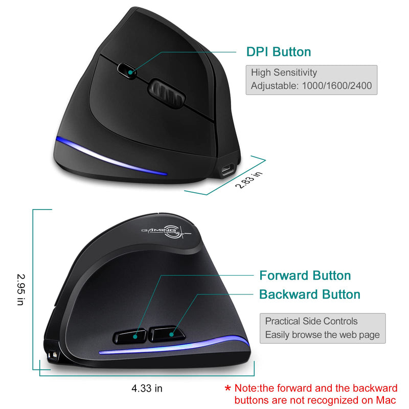 [Australia - AusPower] - Wireless Mouse Tri-Mode (BT 5.0/3.0+2.4GHz), TRELC Ergonomic Vertical Mouse with 3 Adjustable DPI, Rechargeable Optical Wireless Mouse for 3 Devices, 7 Buttons for PC, Desktop, Laptop, Tablet (Black) Tri-Mode (BT 5.0/3.0+2.4GHz) 
