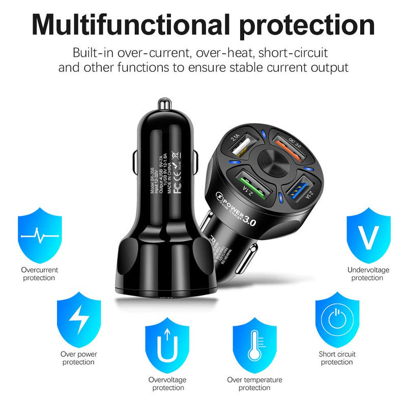 [Australia - AusPower] - USB car Charger, 36W/7A[QC3.0 3A-4USB Port] 2.1A 3 Ports Fast car Charger Adapter Mini Cigarette Lighter USB Mobile Phone Charger Fast Charging Compatible with iPhone 12 pro/Max/11/x/8 black 