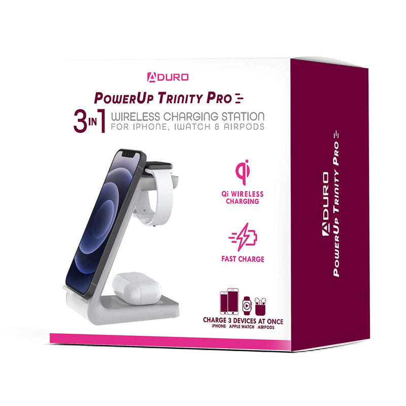 [Australia - AusPower] - Aduro PowerUp Trinity Pro 3 in 1 Wireless Charging Station for Apple Products Qi Fast Charging Dock for iWatch, Apple Airpods/Airpod Pro, iPhone 12/12 Pro/SE/11/11 Pro Max/XR/XS Max/XS/X/8/8P White 