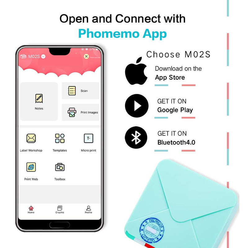 [Australia - AusPower] - Phomemo M02S Mini Pocket Printer - 300DPI Thermal Portable Bluetooth Sticker Printer for Phone, Compatible with iOS & Android, Apply to Home, Study, Office, Gift, Ice Cream Green 