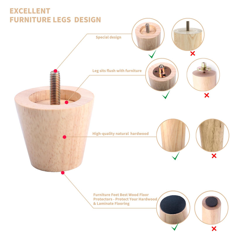 [Australia - AusPower] - 2 Inche Wood Furniture Legs Sofa Legs Pack of 4 Round Couch Legs Replacement Legs for Coffee Table Dresser Cabinet Sofa Couch Dresser Chair Ottoman Table,(Wood) 2inch 