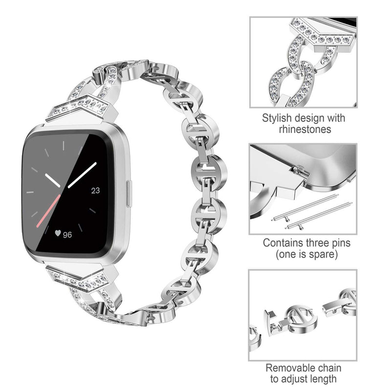 [Australia - AusPower] - TOYOUTHS Bling Strap Compatible with Fitbit Versa/Versa 2/Versa Lite Special Edition Bands Women Stainless Steel Metal Replacement Bracelet with Diamonds Wristband Accessories Silver 