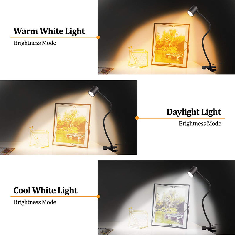 [Australia - AusPower] - Clip on Light Reading Light, 3000K - 6500K Clamp Desk Lamp, 10-Level Brightness Clamp Light, High≥90+CRI Eye Protect Clip on reading Lamp, 360° Flexible Gooseneck Book Light for Desk Bedside Headboard Black 