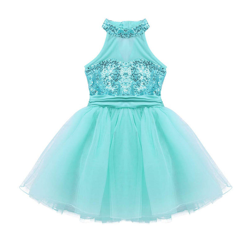 [Australia - AusPower] - Agoky Kids Girls Halter Sleveeless Sequins Mesh Ballet Tutu Dress Gymnastics Leotard Jumpsuit Lake Blue 8-10 