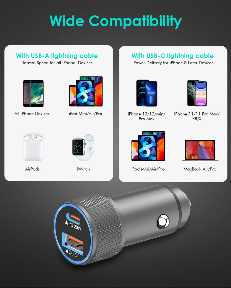 [Australia - AusPower] - iPhone Car Charger,USB C Fast Car Charger[Apple MFi Certified] Apple Car Charging 38W Dual Port Car Charger Cigarette Lighter Adapter 2x3ft PD&QC 3.0 Lightning Cable for iPhone 13/12/12 Pro/11/Airpods 