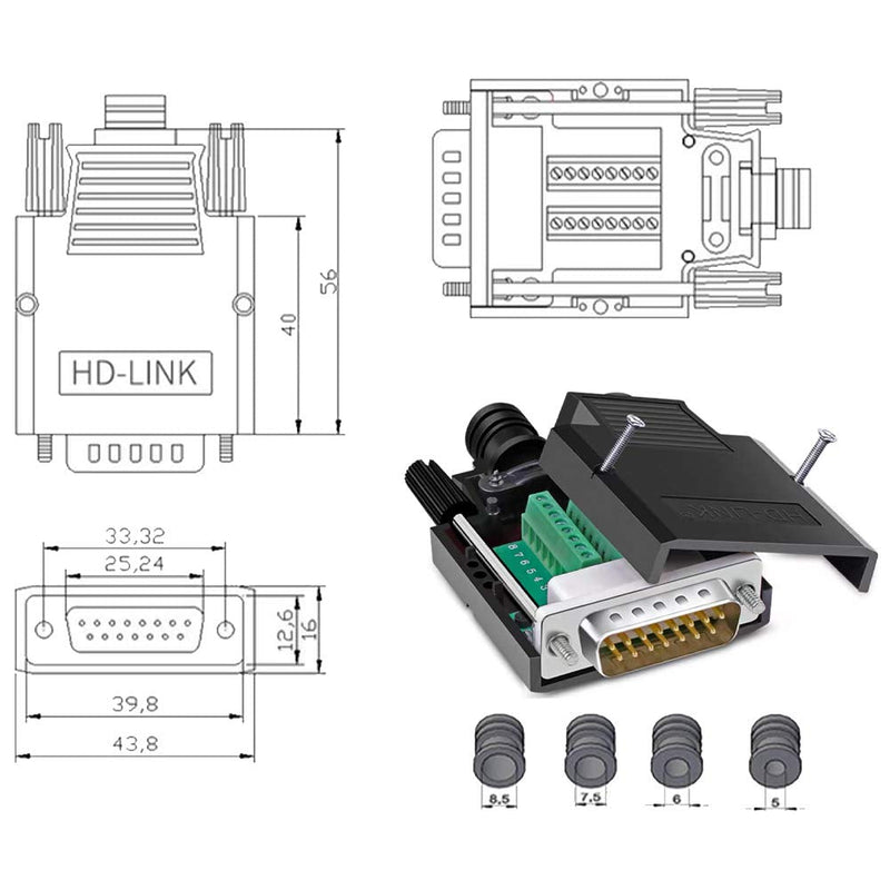 [Australia - AusPower] - Jienk 4PCS DB15 Male Solderless Breakout Board Connector, RS232 D-SUB Serial to 9pin Port Terminal Block 16mm Thinner Solderfree Adaptor with Case Long Bolts Tail Pipe Black Case DB15 Male 