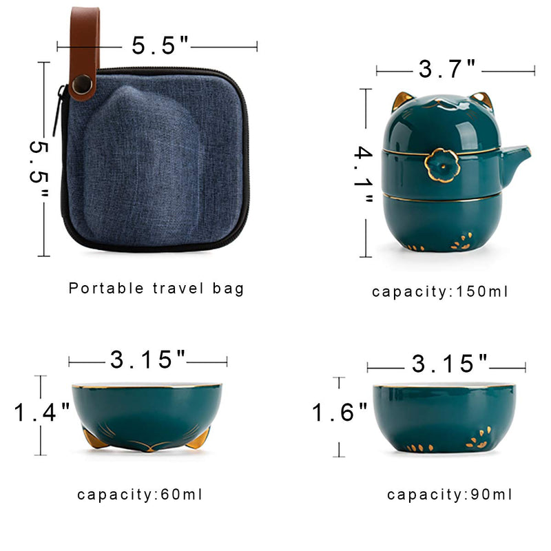 [Australia - AusPower] - Portable Ceramic Tea Cup Set: Lucky Cat Porcelain Teapot Set with Tea Strainer - Lids and 1 Shockproof Storage Case - Suitable for Travel - Outdoor Picnic - Office Work - Home - Green 