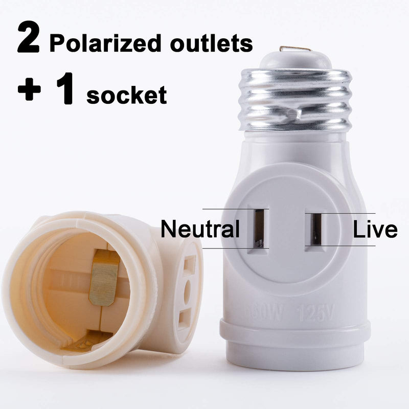 [Australia - AusPower] - DiCUNO UL Listed E26 to 2 Polarized Outlet Socket Adapter, Standard (Medium) E26 Base Light Bulb to 2-Prong Outlet Plug Splitter Converter, White, 2-Pack 
