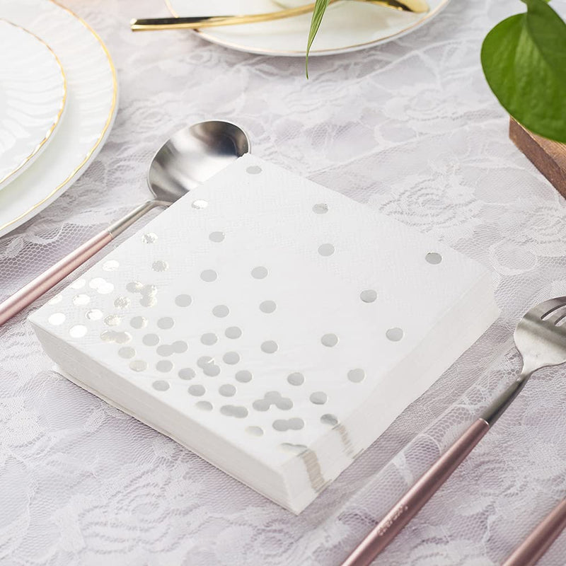 [Australia - AusPower] - 80 Pack of White Paper Cocktail Napkins with Gold Foil Polka Dot Confetti，Polka Dot Party Supplies(5 x 5 in，3-ply) (Silver) silver 