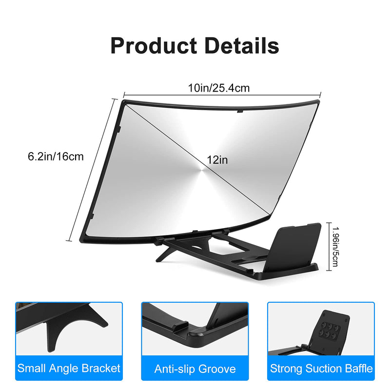 [Australia - AusPower] - Shiny Flower 12” Curved Phone Magnifier Screen, 3D Magnifying Screen Amplifier HD Movie Video Enlarger of Foldable Stand, Radiation, Eye Protection, for Gifts, All Cell Phones, Games, Black, 1 set 