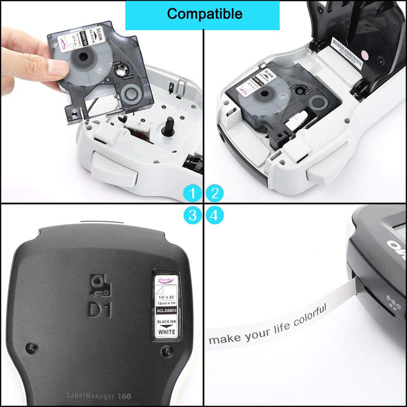 [Australia - AusPower] - Anycolor Compatible Label Refill Replacement for Dymo D1 45013 S0720530 Label Tape 1/2 Inch x 23 Ft Black on White for DYMO LabelManager 160 280 360D 420P 210D 450D PnP, 5-Pack 