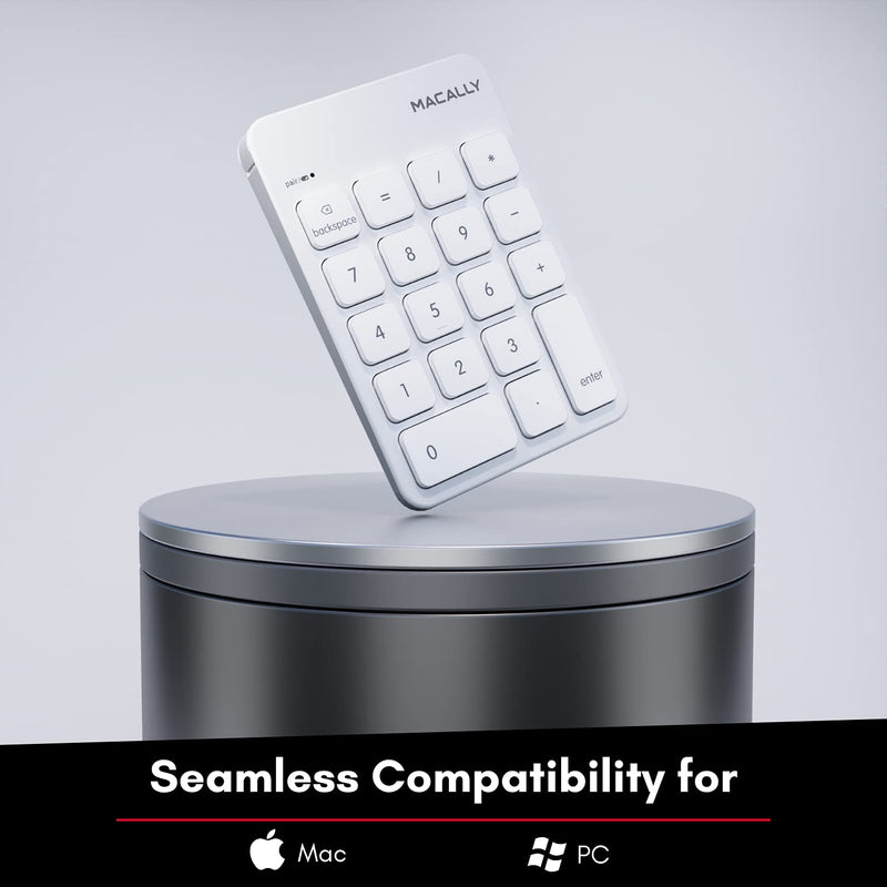 [Australia - AusPower] - Macally Bluetooth Number Pad for Laptop, Apple, Mac, iMac, MacBook Pro/Air, Ipad, Windows PC, Tablet, or Desktop Computer - Rechargeable 18 Key Wireless Numeric Keypad - White Bluetooth 10 Key Numpad 