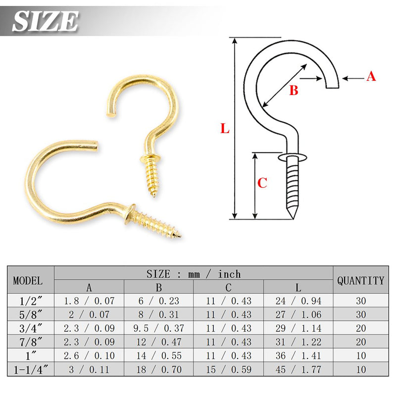 [Australia - AusPower] - 120Pcs 6 Sizes Metal Screw-in Ceiling Hooks Cup Hooks Kit, Gold Ceiling Cup Hooks Self-Tapping Screws Hooks for Home / Workplace / Office (Q-Screw) 