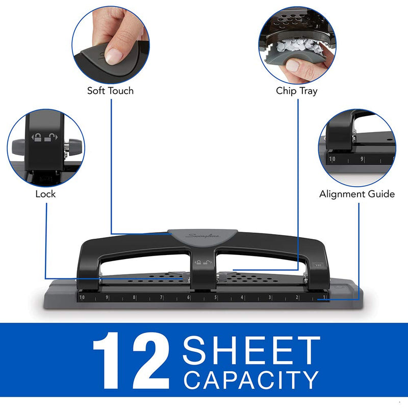 [Australia - AusPower] - Swingline 3 Hole Punch, Hole Puncher, 12 Sheet Punch Capacity, Low Force, SmartTouch, Black/Gray (74134) 