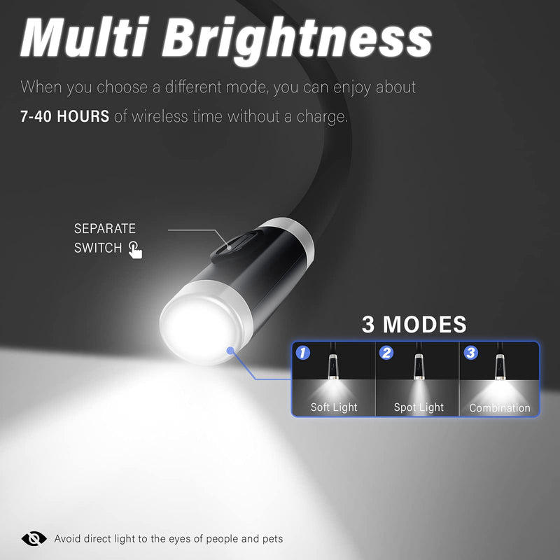 [Australia - AusPower] - Vekkia Rechargeable LED Neck Reading Light, Book Lights for Reading in Bed, 3 Brightness Levels, Flexible Soft Silicone Arms Comfortable Wear, Long Lasting. Perfect for Readers, Craft & Knitting,Black Modern Black 