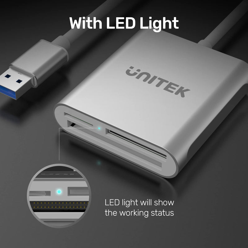 [Australia - AusPower] - USB SD Card Reader, Unitek USB 3.0 Memory Card Reader Writer Compact Flash Card Adapter for CF/SD/TF Micro SD/ Micro SDHC/MD/MMC/SDHC/SDXC UHS-I Card for Windows, Mac – Aluminum [Upgrade Version] Sliver 
