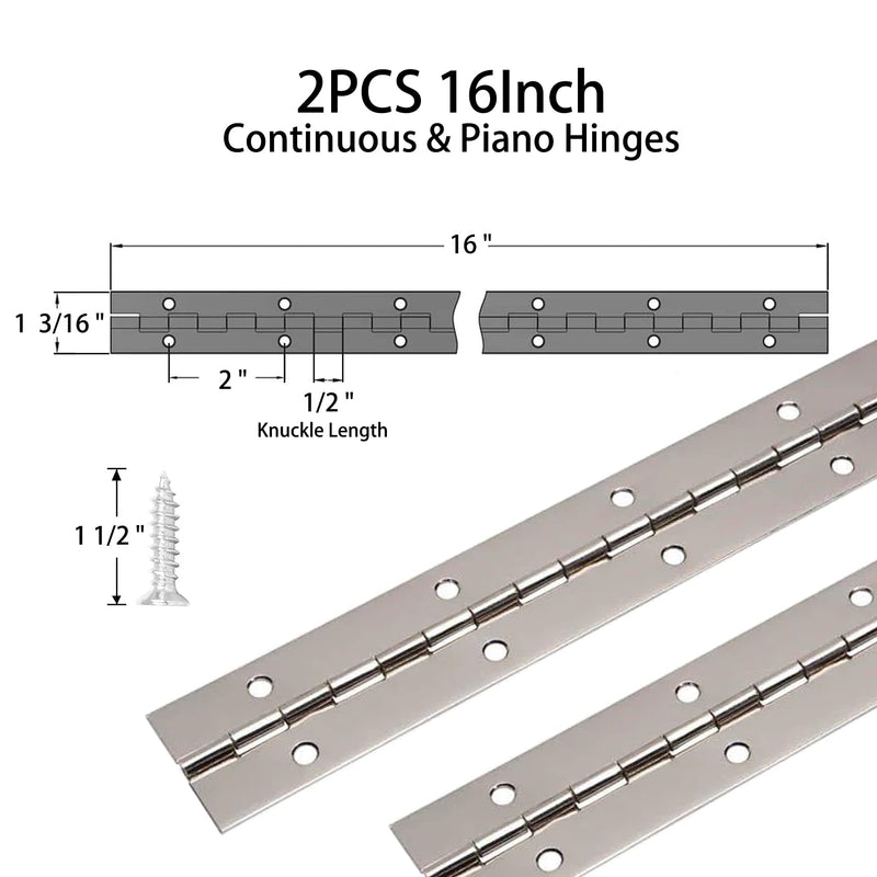 [Australia - AusPower] - 2PCS Piano Hinge 16 Inch, Stainless Steel Continuous & Piano Hinge Heavy Duty Piano Hinges, 0.04" Leaf Thickness, 0.5" Knuckle Length, Screw Included Silver 