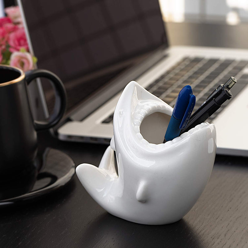 [Australia - AusPower] - ComSaf Cute Shark Shaped Pen Pencil Holder, White Ceramic Succulent Planter Pots for Home Office Decoration Desk Organization, Set of 1 
