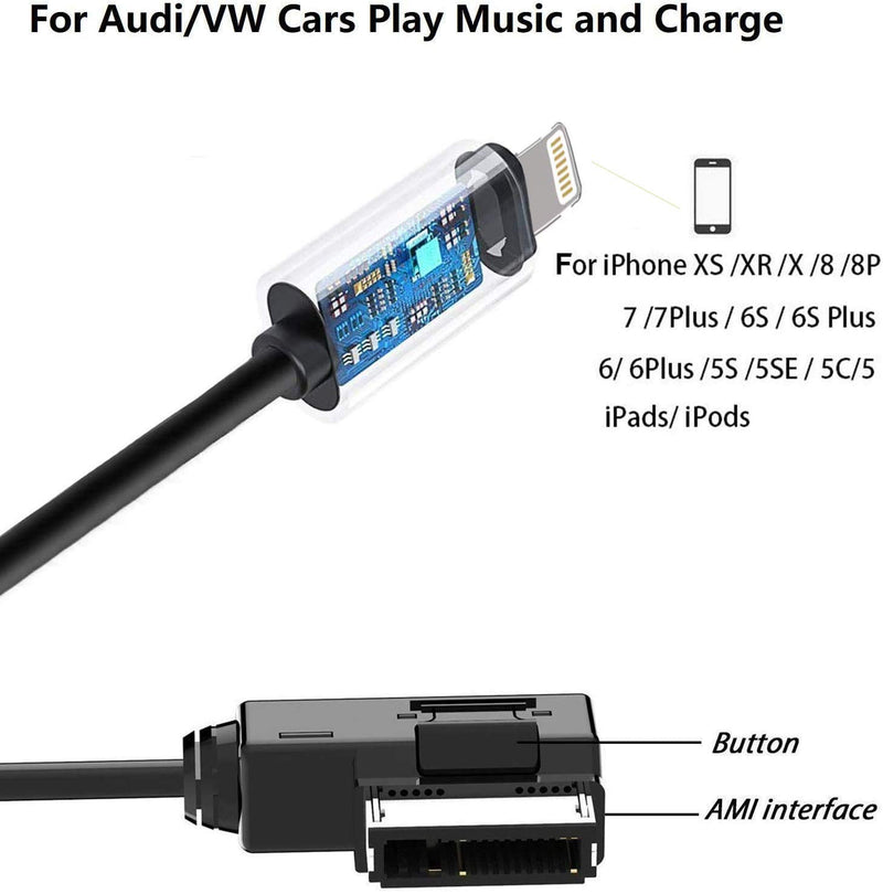 [Australia - AusPower] - Car Audio Charging Adapter Cord Compatible with Apple iPhone 12 11 Xs Max XR X 8 7 6 for Audi A3/A4/A5/A6/A8/S4/S6/S8/TT, AMI MMI MDI Aux Interface Dongle for VW Tiguan CC Magotan 3.3ft Black 